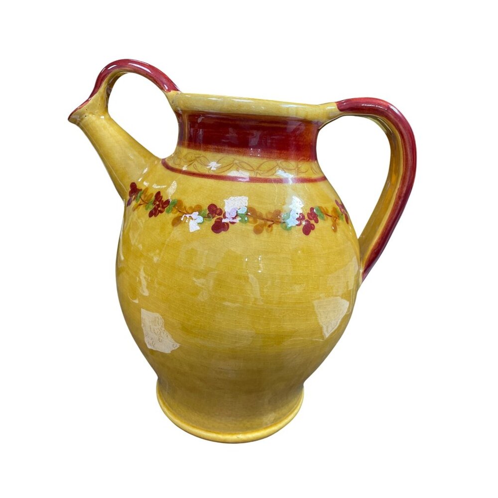 Terre Provence France ceramic vtg yellow red glazed pitcher SKU 9765